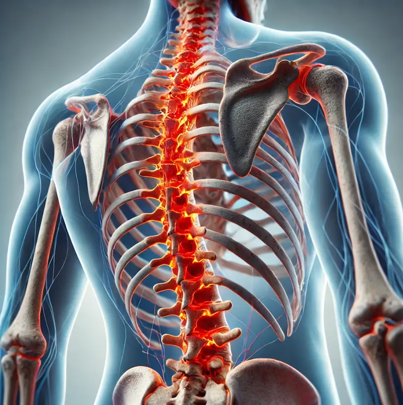 Illustration showing the effects of Ankylosing Spondylitis on the spine, highlighting inflammation and stiffness