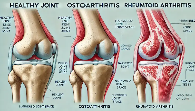 Illustration of Osteoarthritis showing joint degeneration, inflammation, and cartilage damage in affected areas