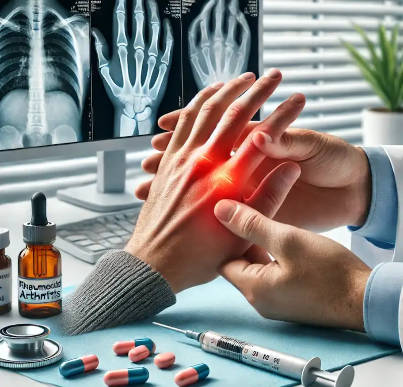 Rheumatoid Arthritis Treatment and Diagnosis Rheumatoid Arthritis Treatment and diagnosis concept with medical tools, doctor consultation, and joint analysis visual.