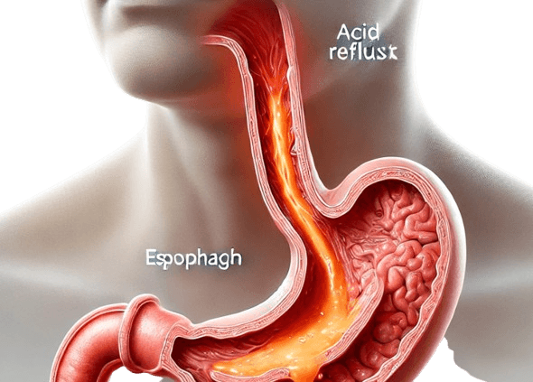 Detailed medical illustration showing acid reflux stages